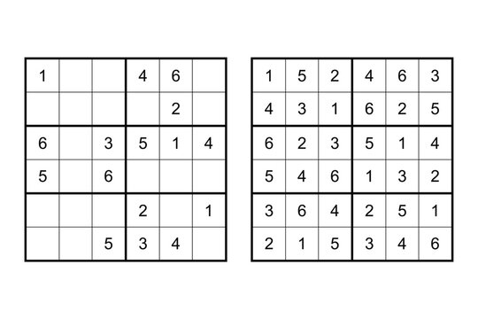 Vector sudoku with answer. Educational game with numbers for kids and leisure for adult on white background. Sudoku logic puzzle grid with partially solved numbers