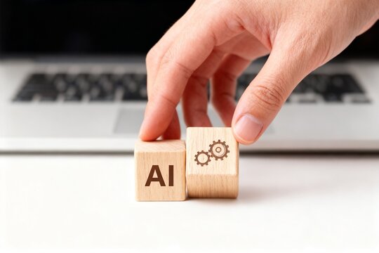 Hand placing wooden blocks with AI and gears symbols