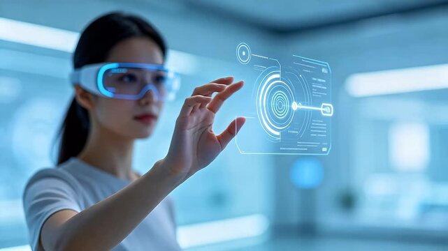 Woman wearing smart glasses touching floating holographic interface in laboratory