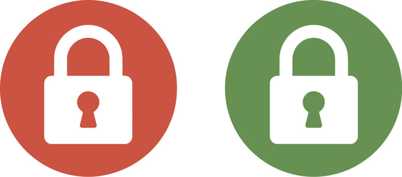 Lock, and unlock padlock icon set vector, red green toggle buttons for security system access and authentication interface design.