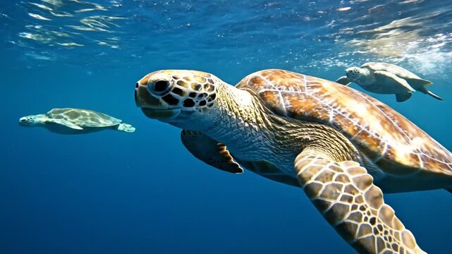 Three sea turtles swimming underwater in clear blue ocean water, close up
