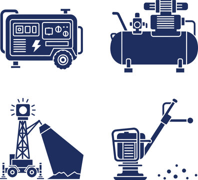 Industrial equipment icons including generator air compressor light tower and compactor Keywords: generator, air compressor, light
