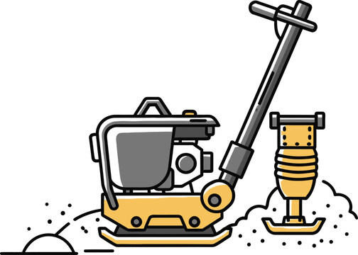 Plate Compactor Working on Soil with Flying Debris and Dust Keywords: plate compactor, soil compactor, construction equipment, road