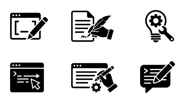 Coding and Writing Icons Set, Programming and Document Creation Symbols, Digital Content Development Vector Graphics