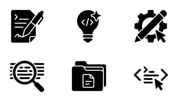 Coding and Development Icons: Programming, SEO, Analytics, and Project Management Vector Set