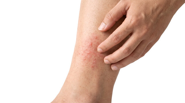 hand itching red rash on legs skin on transparent background Medical Concept Ideas red spot on the skin dermatitis or telangiectasia