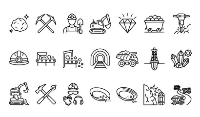 Fototapeta premium Mining and Quarry Outline Icons with Gold Diamond Excavator and Mineral Elements