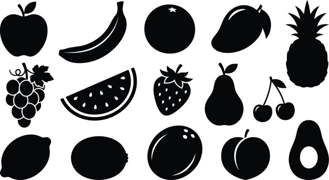 Black silhouettes of various fresh fruits, set apple banana pear