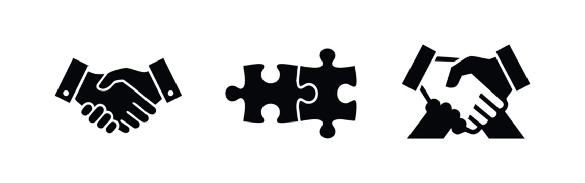 Set of collaboration icons with handshakes and puzzle pieces representing teamwork and business agreement