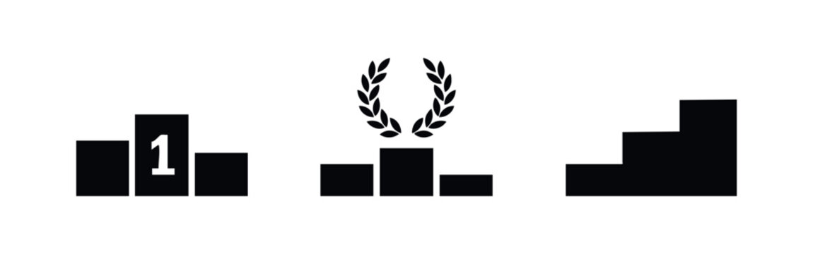 Success and achievement icons featuring winners podium laurel wreath and growing step chart symbols