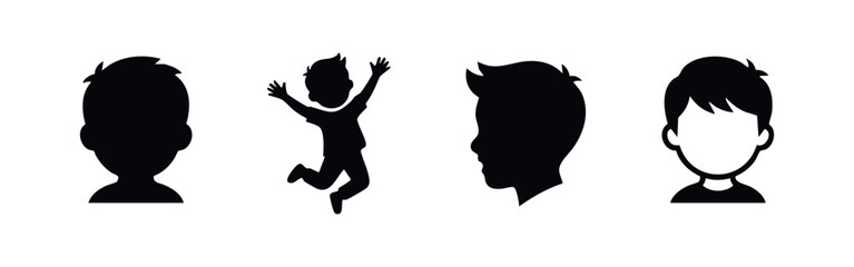 Set of child boy silhouettes featuring head profiles jumping for joy and avatar face icons © Lili