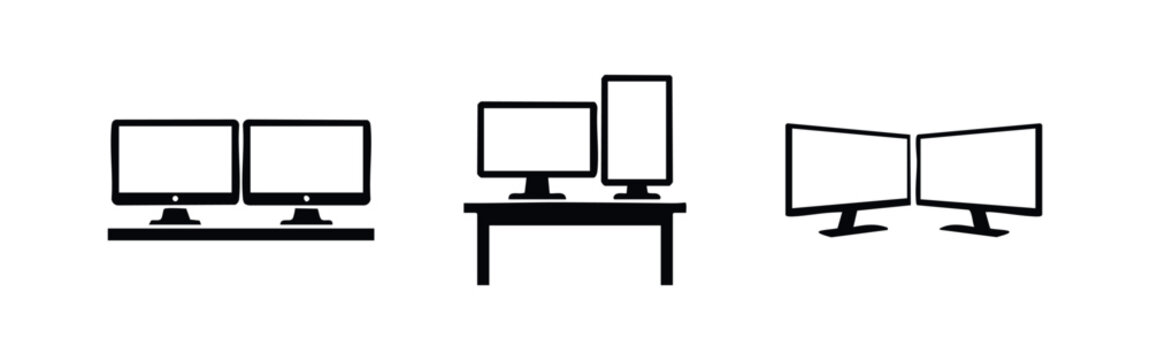 Multi monitor workstation icons featuring dual screen setups on desk and various display configurations