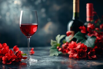 Obraz premium Charming Red Wine Setup with Aromatic Reflections and Inviting Atmosphere for Wine Enthusiasts