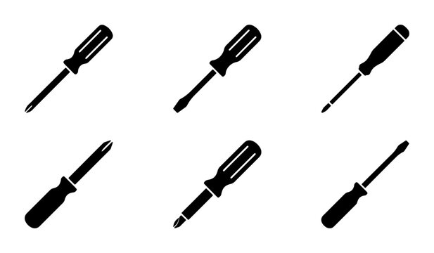 Screwdriver Icons Set, Hand Tool Vector Graphics, Repair and DIY Symbols, Black and White Construction Equipment