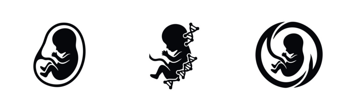 Set of human fetus and DNA icons, representing pregnancy, genetics, and embryonic development.
