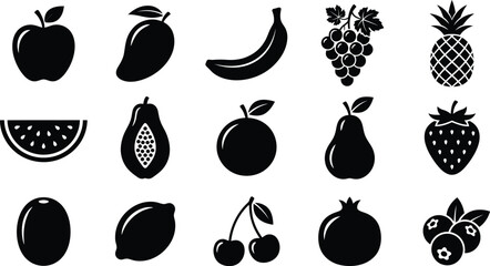 Black silhouettes of various fresh fruits, set white background, apple © hr graphics