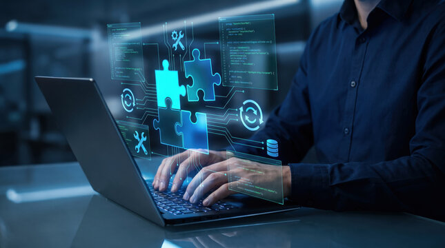 Digital transformation and business problem solving concept with businessman using laptop and virtual puzzle interface, innovation teamwork and technology integration in modern office