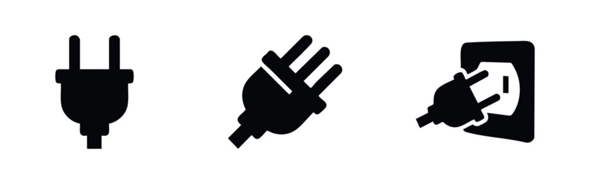Electric Plugs and Wall Sockets Icons Set. Power Outlet, Energy Connection, and European Style Electrical Plug Vector Symbols