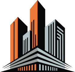 Modern city skyscrapers with orange and gray buildings isolated on transparent background © MdShamimAhmed