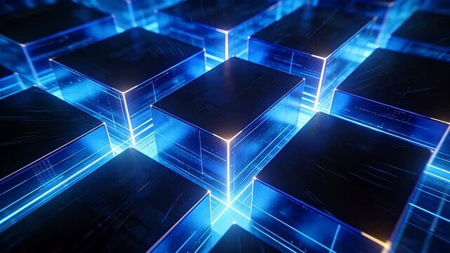 Abstract background with blue glowing transparent cubes arranged in matrix pattern