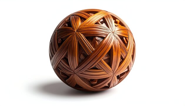 Detailed studio photography showcasing a traditional Southeast Asian sepak takraw ball woven from natural brown rattan.