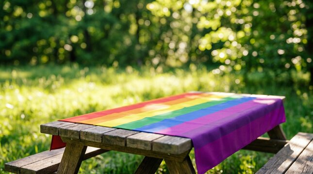 Empty wooden picnic table covered with a rainbow LGBTQ pride flag in a sunny green park. Summer outdoor celebration concept with blurred nature background.