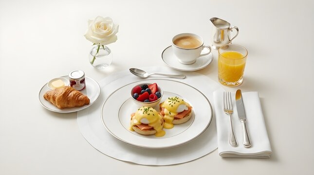 Luxury hotel room service breakfast with eggs benedict on smoked salmon fresh croissant jam fruit bowl orange juice and hot coffee cup top view on clean cream background