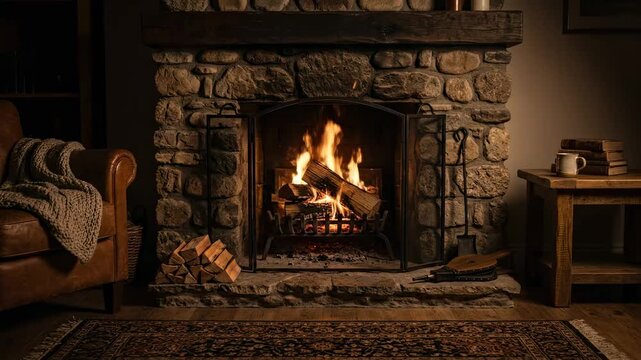 Stone fireplace burning with logs in a cozy room. Provides warmth and a relaxing ambiance.