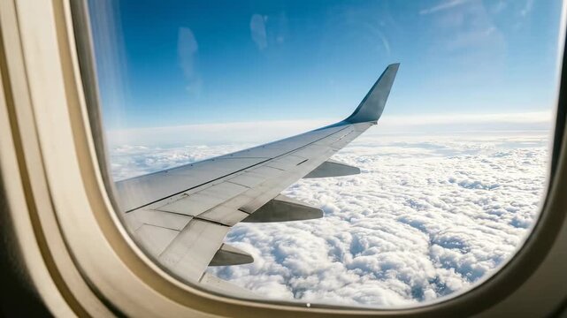 Airplane wing flying above clouds through window. View from an aircraft window during flight.