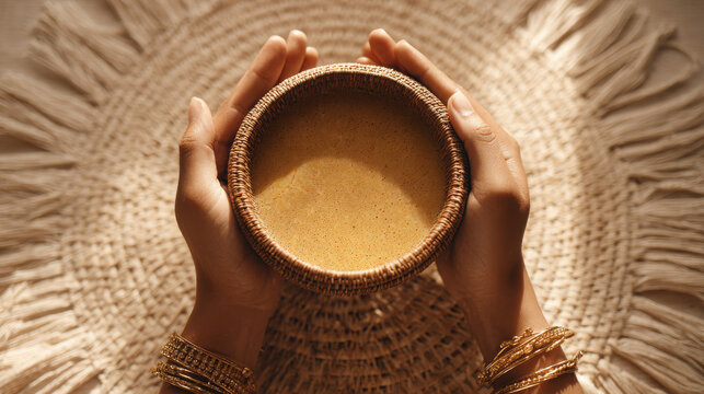 Hands holding woven bowl of traditional African coffee, moment of cultural ritual. Hands adorned with golden bangles gently cradling woven bowl filled with rich, frothy coffee set against textured mat