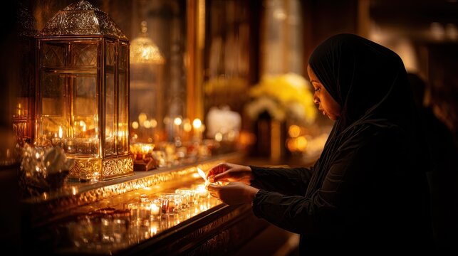 Woman in hijab lighting candles in a dimly lit, ornate space with golden hues. A woman wearing a black hijab carefully lights a candle amidst many others, creating a warm and reflective atmosphere