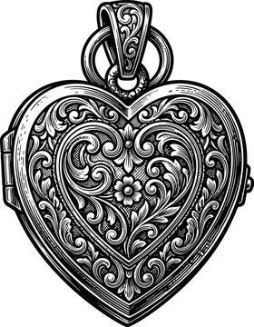 Ornate heart shaped locket, vintage engraved jewelry, filigree floral pattern, antique keepsake pendant, romantic symbol, openable compartment for photos