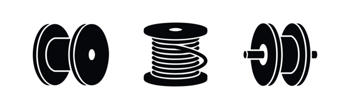Assorted Spool and Industrial Reel Icons - Cable Drum and Sewing Bobbin Silhouette Collection