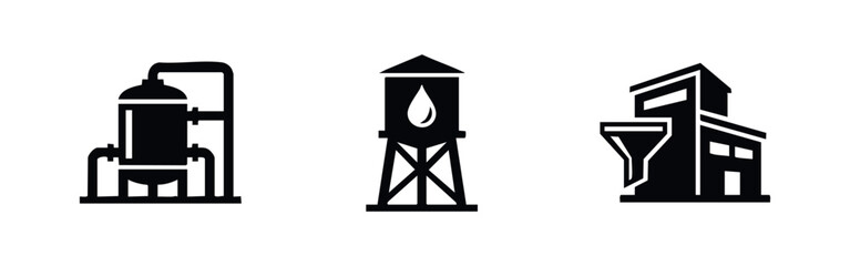 Naklejka premium Water Treatment and Industrial Facility Icons - Storage Tank and Water Tower Symbols