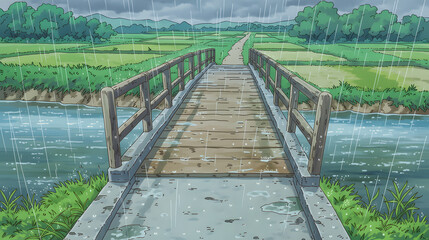 Obraz premium A Serene Landscape Scene Featuring a Wooden Bridge Over a Rainy Stream in Lush Green Fields, Capturing Nature’s Beauty and Tranquility Amidst Overcast Skies.
