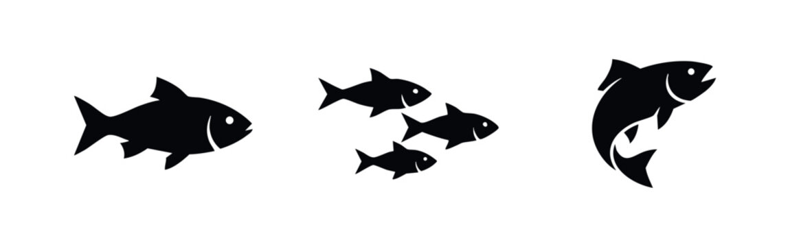 Set of Fish Icons Including Single Fish, School of Fish Swimming, and Jumping Fish Silhouette