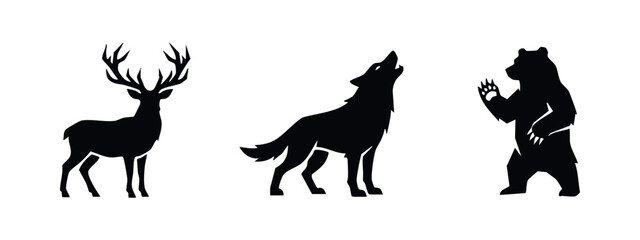 Fototapeta premium Wild Animals Silhouettes - Deer, Wolf, and Bear Icons