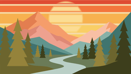 Flat vector illustration of majestic mountains, a flowing river, and pine forest under a warm sunset sky. Perfect for outdoor adventure and nature themes. © Tamar
