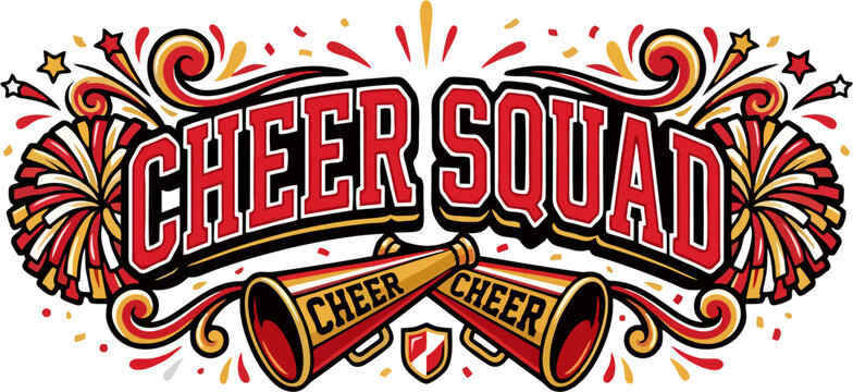 Cheer Squad Bold Varsity Typography Logo - Cheerleading Team Banner with Pom Pom Megaphone Shield and Red Gold Festive Decoration