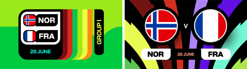 Fototapeta na wymiar Norway vs France Football Match Announcement for Worlds Football 2026 Group I Competition on 26 June, Dynamic Sports Event