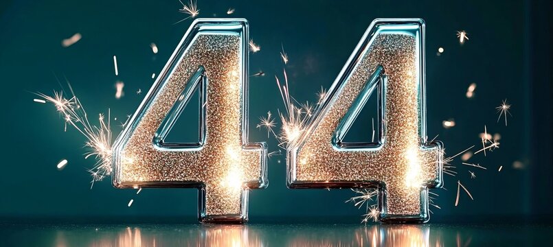 Sparkling Number 44 Celebration with Silver Glitter and Colorful Fireworks on Green Background