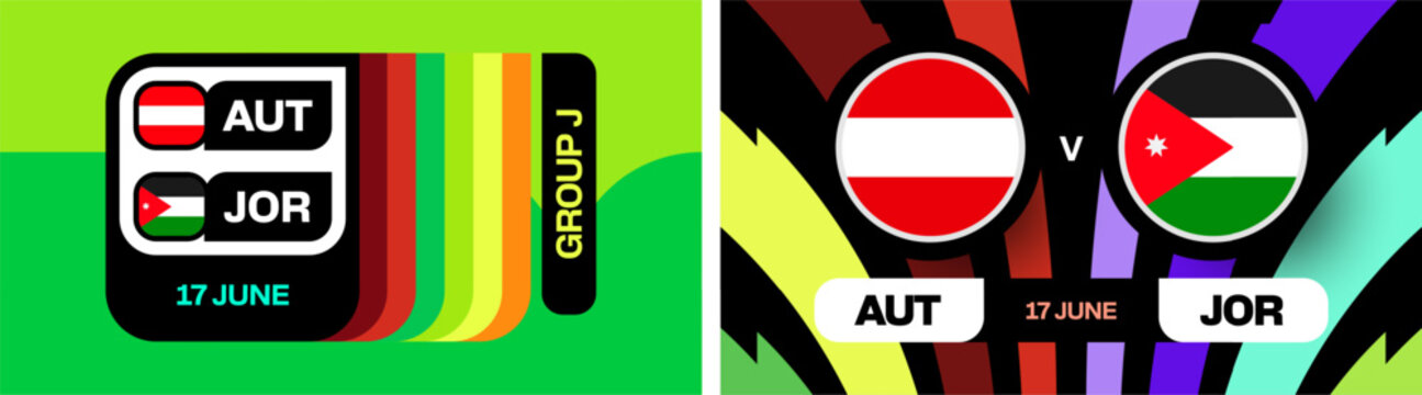 Austria vs Jordan, Worlds Football 2026 Group J match schedule announcement, dynamic sports competition illustration.