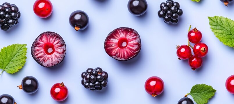 Vibrant berry buffet showcasing juicy blackcurrants and brilliant mixed berries on a blue backdrop