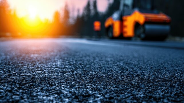 Road construction with steamroller on new asphalt at sunset