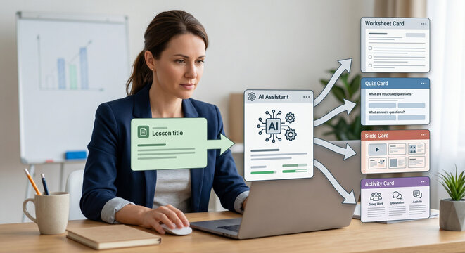 AI assistant generating full teaching kit from single lesson topic on screen, creating a clear education scene focused on planning, materials, and teacher productivity.