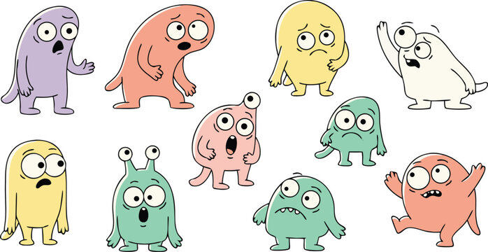 Colorful cartoon monsters with different emotions and expressions