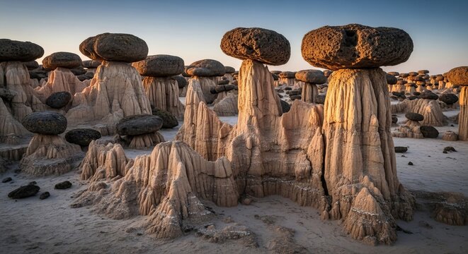 Unique Hoodoo Rock Formations Sculpted by Erosion in a Desert Landscape at Sunrise