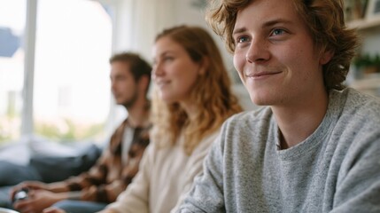 Obraz premium Young man with curly blonde hair sitting on a couch in a living room. he is wearing a grey sweater and is looking off to the side with a slight smile on his face.