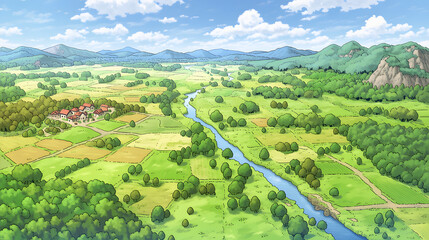Fototapeta premium Breathtaking Landscape: Explore a Scenic View of Rolling Hills, Tranquil River, and Vibrant Fields in a Picturesque Countryside Setting