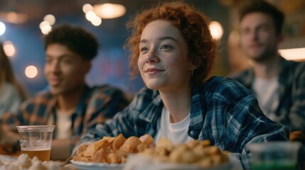 Naklejka premium Young woman with curly red hair sitting at a table in a restaurant. she is wearing a blue plaid shirt and is looking off to the side with a thoughtful expression on her face.